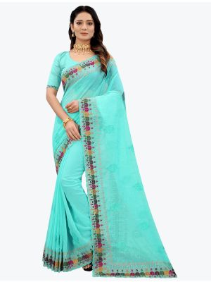 Aqua Blue Embroidered Premium Georgette Designer Saree small FABSA21609