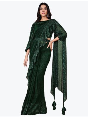 Bottle Green Crushed Lycra Premium Party Wear Designer Saree small FABSA21587