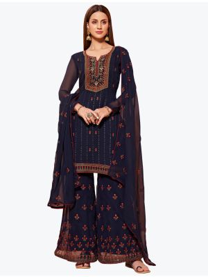 Dark Blue Pure Georgette Party Wear Designer Sharara Suit small FABSL20856