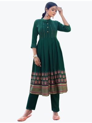 dark green comfortable rayon slub long kurti with pant  fabku20543