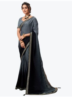 Deep Grey Chinon Crush Party Wear Designer Saree small FABSA21630