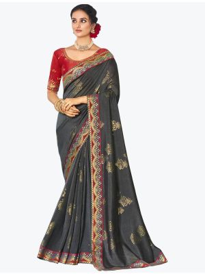 Deep Grey Fancy Vichitra Silk Festive Wear Designer Saree small FABSA21568