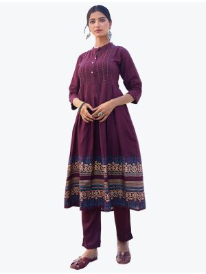deep wine comfortable rayon slub long kurti with pant  fabku20539