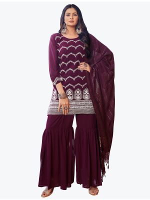 Deep Wine Embroidered Faux Georgette Party Wear Sharara Suit small FABSL20853