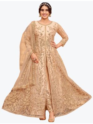 Golden Peach Butterfly Net Party Wear Designer Floor Length Suit small FABSL20846