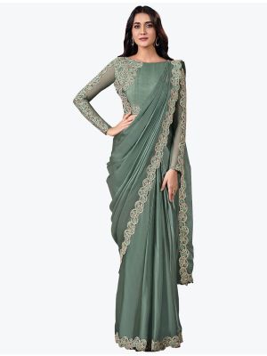 Greyish Green Satin Silk Premium Party Wear Designer Saree small FABSA21590