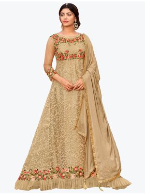 Light Brown Butterfly Net Party Wear Designer Floor Length Suit small FABSL20843