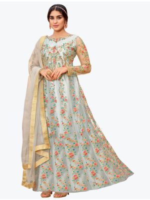 Light Grey Butterfly Net Party Wear Designer Floor Length Suit small FABSL20844