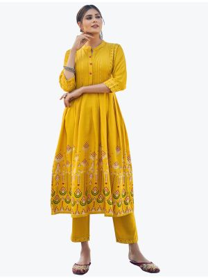 mustard yellow comfortable rayon slub long kurti with pant  fabku20541
