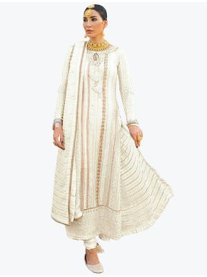 Off White Faux Georgette Pakistani Style Churidar Suit small FABSL20822