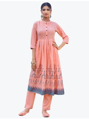 peachy pink comfortable rayon slub long kurti with pant  fabku20537