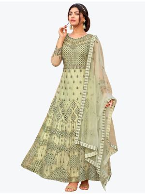 Pista Green Butterfly Net Party Wear Designer Floor Length Suit small FABSL20845