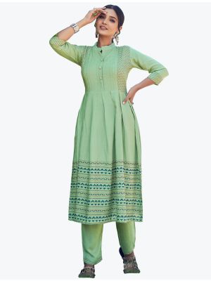 pista green comfortable rayon slub long kurti with pant  fabku20540