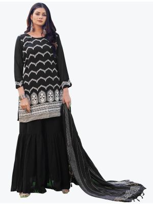 Pure Black Embroidered Faux Georgette Party Wear Sharara Suit small FABSL20854