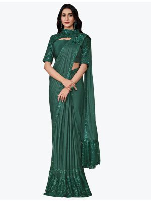 Rama Green Fancy Lycra Premium Party Wear Designer Saree small FABSA21593