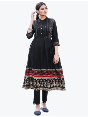 rich black comfortable rayon slub long kurti with pant  fabku20536