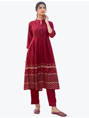 rich maroon comfortable rayon slub long kurti with pant  fabku20542