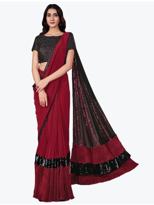 Rich Maroon Fancy Lycra Premium Party Wear Designer Saree small FABSA21589
