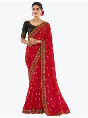 Rich Red Fancy Vichitra Silk Festive Wear Designer Saree small FABSA21564