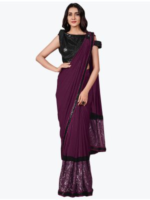 Rich Wine Fancy Lycra Premium Party Wear Designer Saree small FABSA21592