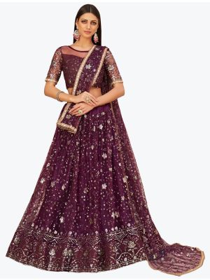 Royal Wine Mono Net Party Wear Designer Lehenga Choli with Dupatta FABLE20274