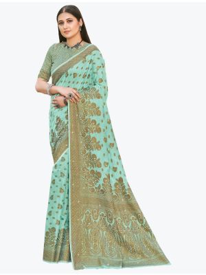 Sea Green Premium Cotton Festive Wear Designer Saree thumbnail FABSA21575