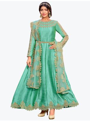 Sea Green Super Silk Party Wear Designer Floor Length Suit thumbnail FABSL20847