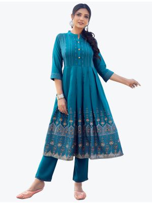 teal blue comfortable rayon slub long kurti with pant  fabku20538