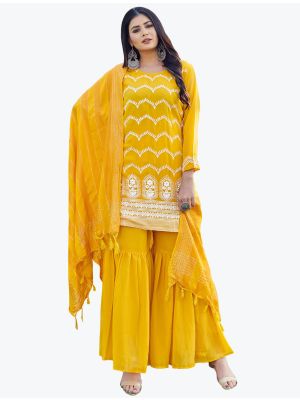 Vivid Yellow Embroidered Faux Georgette Party Wear Sharara Suit small FABSL20849