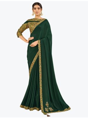 Bottle Green Satin Silk Party Wear Fancy Designer Saree small FABSA21637