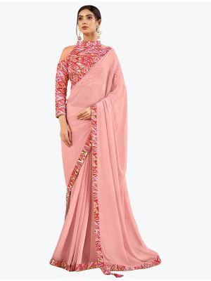 Bubblegum Pink Chiffon Party Wear Fancy Designer Saree small FABSA21639