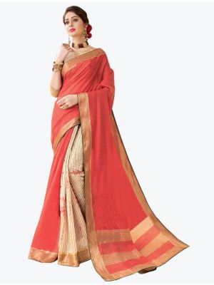Crimson Red Tussar Silk Half N Half Fancy Designer Saree small FABSA21642