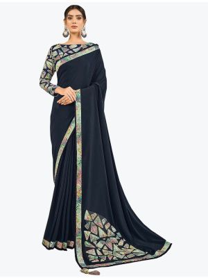 Dark Blue Satin Silk Party Wear Fancy Designer Saree small FABSA21632