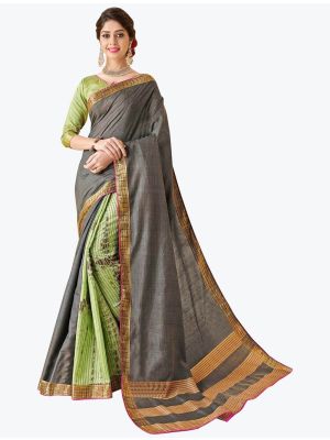 Dark Grey Tussar Silk Half N Half Fancy Designer Saree small FABSA21648