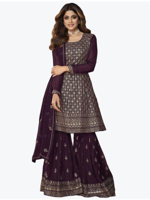 Dark Purple Pure Georgette Stylish Designer Sharara Suit FABSL20952