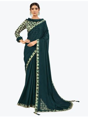 Dark Teal Silk Georgette Party Wear Fancy Designer Saree small FABSA21640