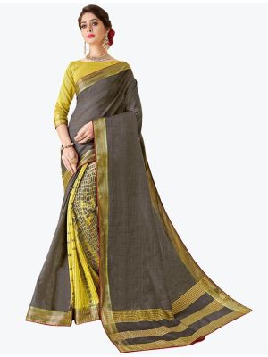 Deep Grey Tussar Silk Half N Half Fancy Designer Saree small FABSA21641