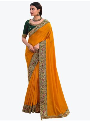 Deep Yellow Premium Vichitra Silk Party Wear Designer Saree swatch FABSA21681