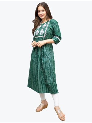 green pure cotton bandhej printed long kurti fabku20552