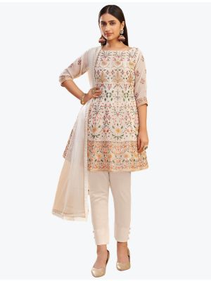 Light Cream Pure Georgette Elegant Designer Straight Suit FABSL20956