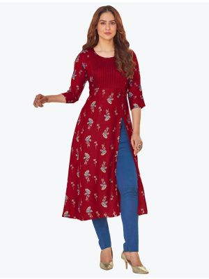 maroon fine rayon casual wear printed pintex kurti fabku20556