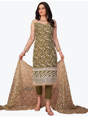 Mehendi Green Mono Net Party Wear Designer Straight Suit small FABSL20920