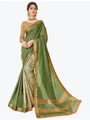 Olive Green Tussar Silk Half N Half Fancy Designer Saree small FABSA21646