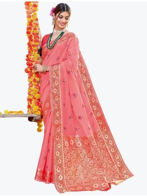 Peachy Pink Woven Cotton Festive Wear Designer Saree FABSA21685