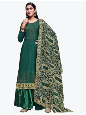 Peacock Green Georgette Festive Wear Stylish Palazzo Suit small FABSL20894