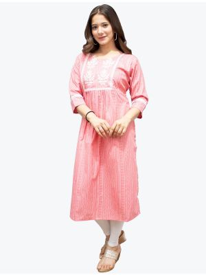pink pure cotton bandhej printed long kurti fabku20551