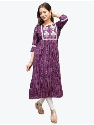 purple pure cotton bandhej printed long kurti fabku20554