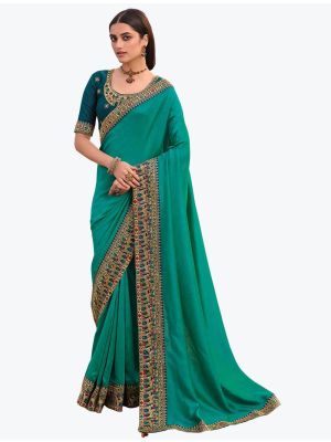 Rama Green Premium Vichitra Silk Party Wear Designer Saree swatch FABSA21680