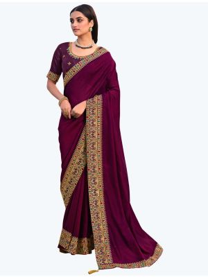 Rich Wine Premium Vichitra Silk Party Wear Designer Saree small FABSA21679