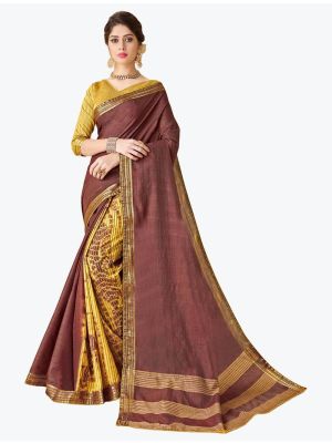 Rusty Brown Tussar Silk Half N Half Fancy Designer Saree FABSA21650